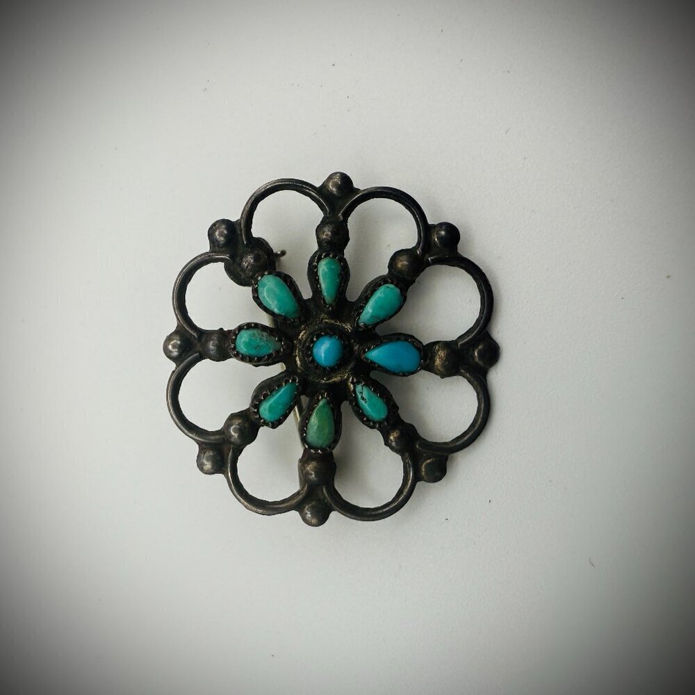 Vintage Sterling Silver Turquoise Cluster Brooch
